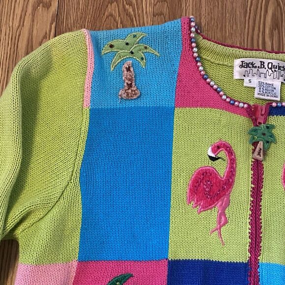 Jack B‎ Quick Flamingo Full Zipper Cardigan Sweater Sz S Beaded Sequin Colorful - Picture 5 of 11